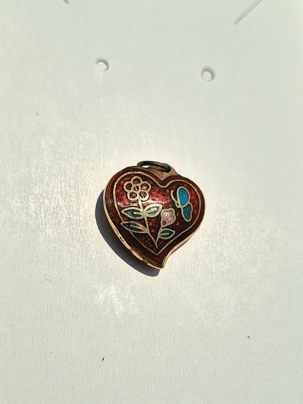 Vintage Enamel Heart Pendant – Floral & Butterfly Design (Double‑Sided)